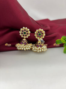 Real Kemp Jhumka Earrings for Bharatanatyam and Kuchipudi BBE006 with red-green kemp stones