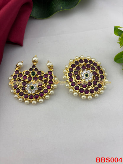 Buy Kemp Surya Chandra (Sun & Moon) hair accessories for Bharatanatyam, Kuchipudi & Arangetram. Traditional temple jewellery design with pearls & Kemp stones.