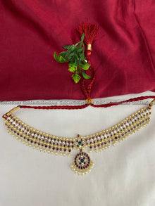Real Kemp Short Necklace for Bharatanatyam and Kuchipudi BBN023 with red-green kemp stones