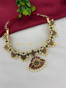 Real Kemp Temple Short Necklace for Bharatanatyam and Kuchipudi BBN025 with red-green kemp stones
