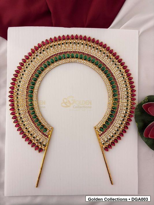 Front view of Large Deity Arch for Idol Alankaram showing gold-plated arch shape with red, green and white stone accents