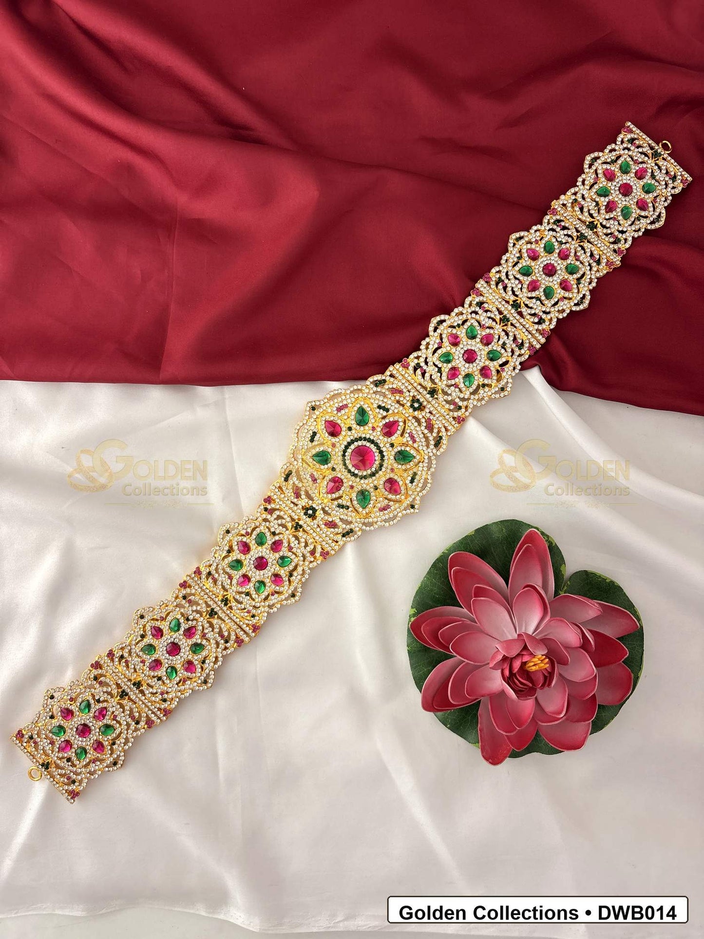 Front view of Large Deity Waist Belt Vaddanam for Idols showing gold-plated vaddanam-style waist belt design with stone detailing
