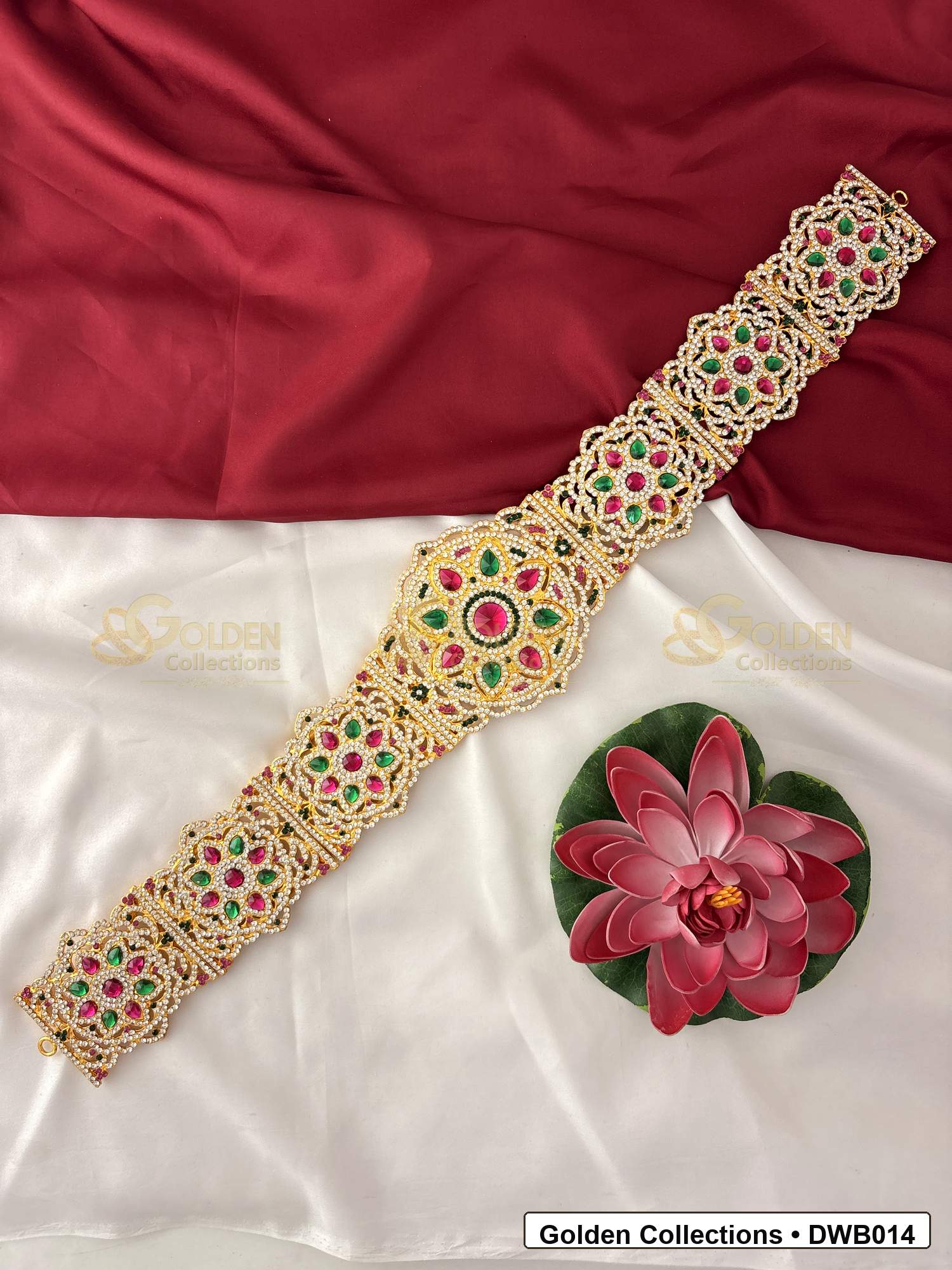 Front view of Large Deity Waist Belt Vaddanam for Idols showing gold-plated vaddanam-style waist belt design with stone detailing