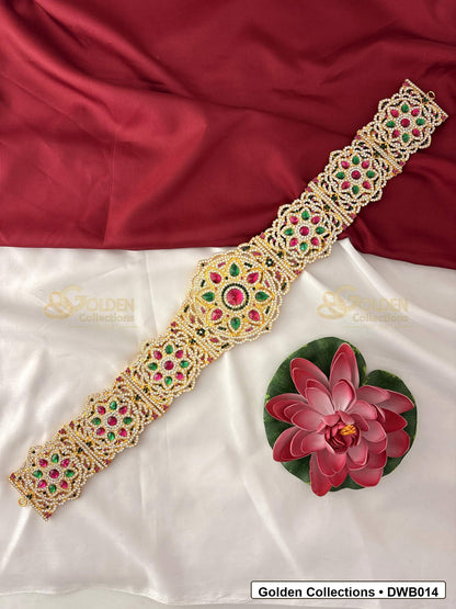 Front view of Large Deity Waist Belt Vaddanam for Idols showing gold-plated vaddanam-style waist belt design with stone detailing