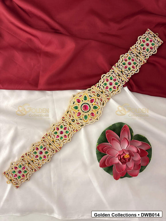 Front view of Large Deity Waist Belt Vaddanam for Idols showing gold-plated vaddanam-style waist belt design with stone detailing