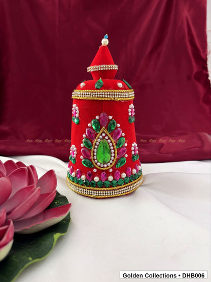 Front view of Large Velvet Kundan Deity Hair Crown for God and Goddess Idols from Golden Collections