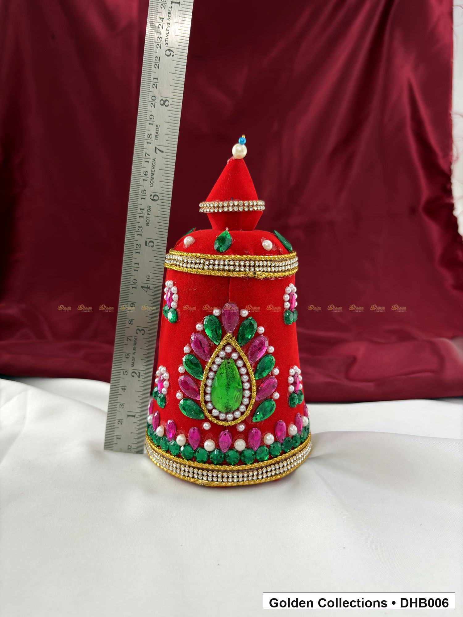 Angled view of Large Velvet Kundan Deity Hair Crown for God and Goddess Idols from Golden Collections