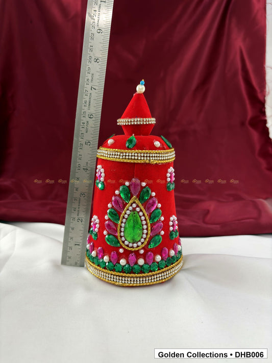 Angled view of Large Velvet Kundan Deity Hair Crown for God and Goddess Idols from Golden Collections