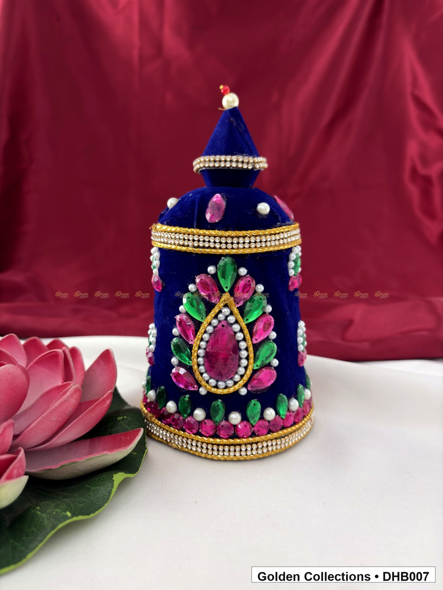 Front view of Large Velvet Kundan Deity Hair Crown for God and Goddess Idols from Golden Collections