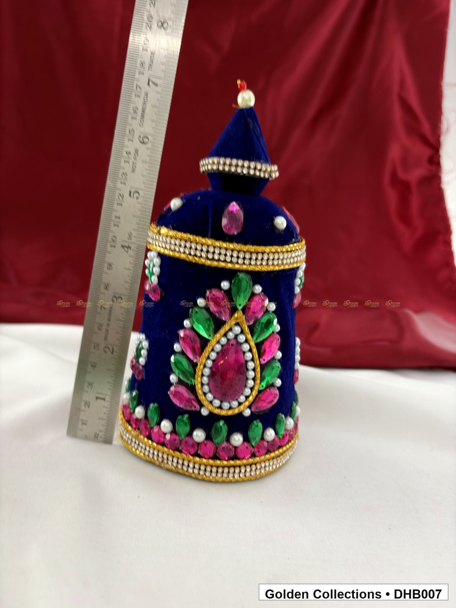 Angled view of Large Velvet Kundan Deity Hair Crown for God and Goddess Idols from Golden Collections