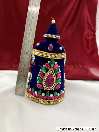 Angled view of Large Velvet Kundan Deity Hair Crown for God and Goddess Idols from Golden Collections