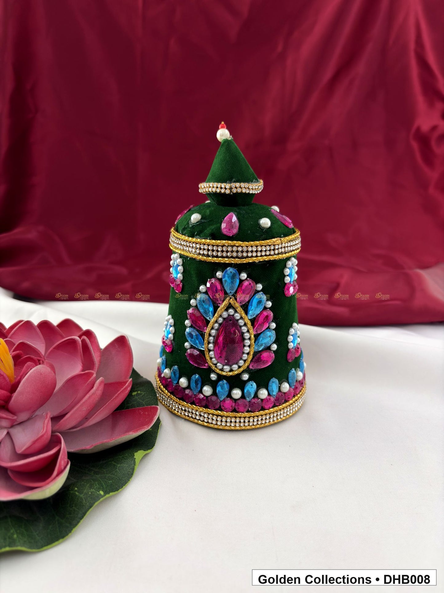 Front view of Large Velvet Kundan Deity Hair Crown for God and Goddess Idols from Golden Collections