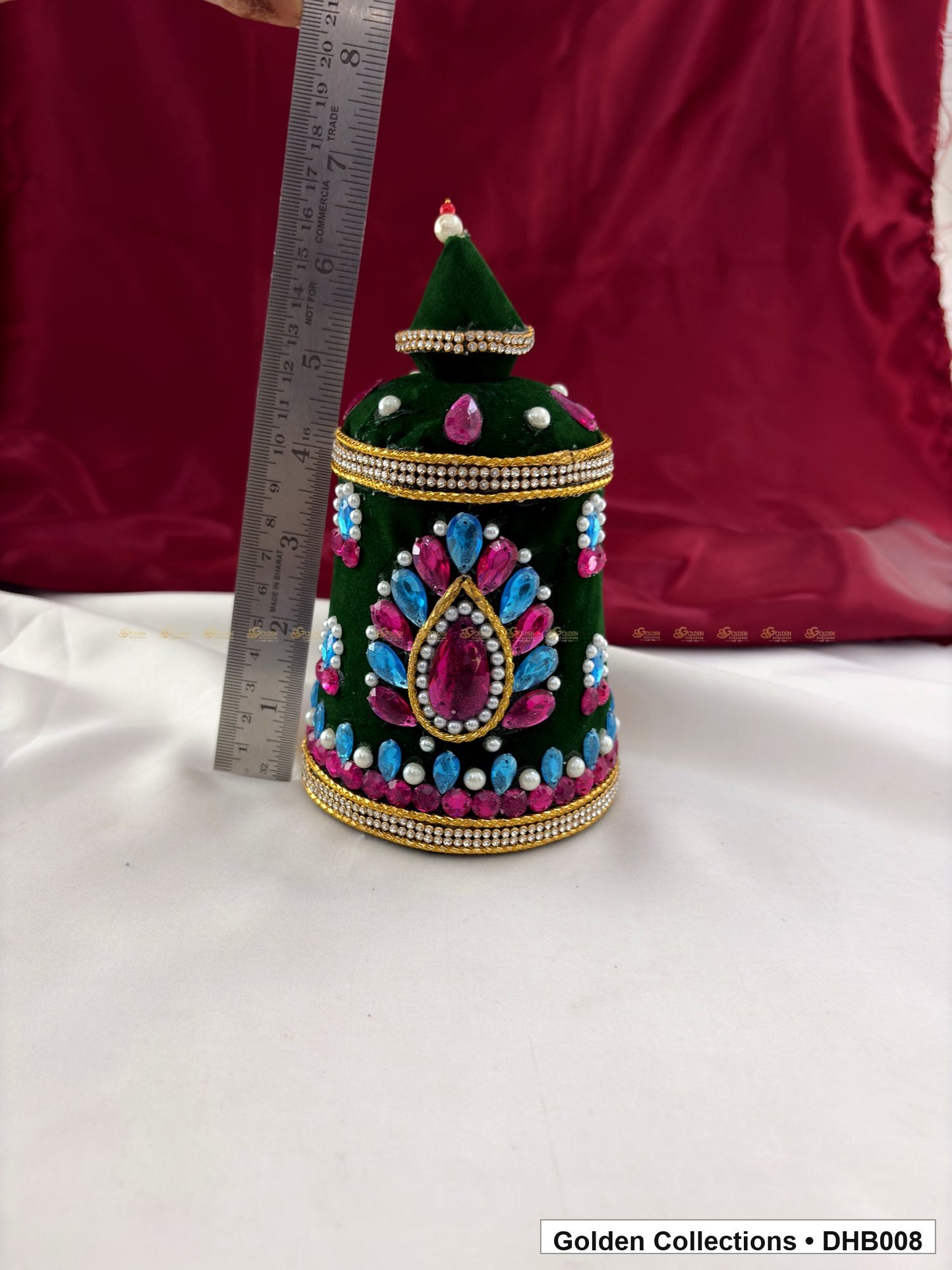 Angled view of Large Velvet Kundan Deity Hair Crown for God and Goddess Idols from Golden Collections