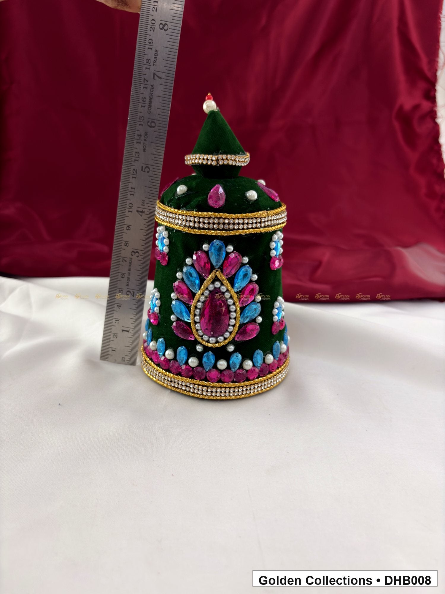 Angled view of Large Velvet Kundan Deity Hair Crown for God and Goddess Idols from Golden Collections