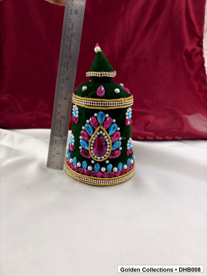 Angled view of Large Velvet Kundan Deity Hair Crown for God and Goddess Idols from Golden Collections