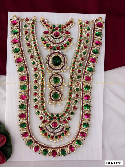 Front view of deity chest long haram with multicolor stones and gold plating for idol alankaram