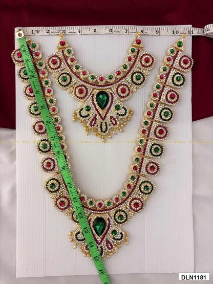 Measurement photo of deity long haram set with measuring tape for idol alankaram size reference