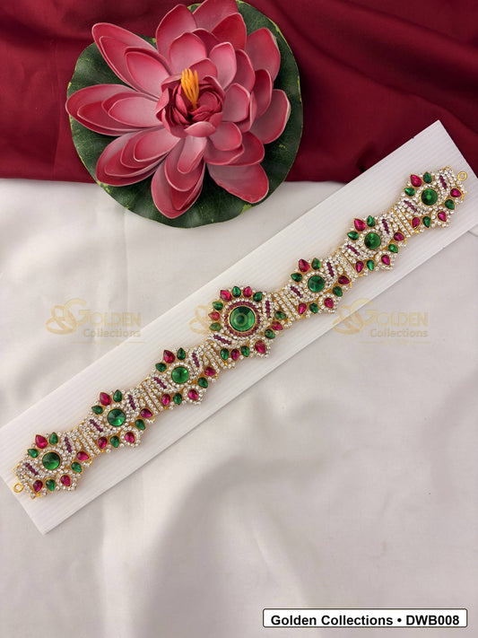 Front view of Long Deity Waist Belt Vaddanam for Idols showing gold-plated vaddanam-style waist belt design with stone detailing