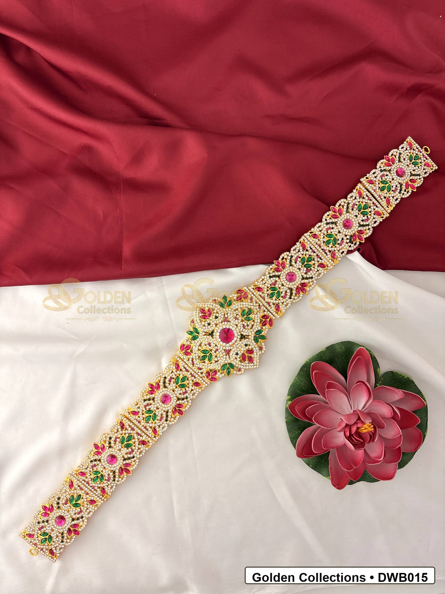 Front view of Long Gold Tone Deity Waist Belt Vaddanam for Idols showing gold-plated vaddanam-style waist belt design with stone detailing