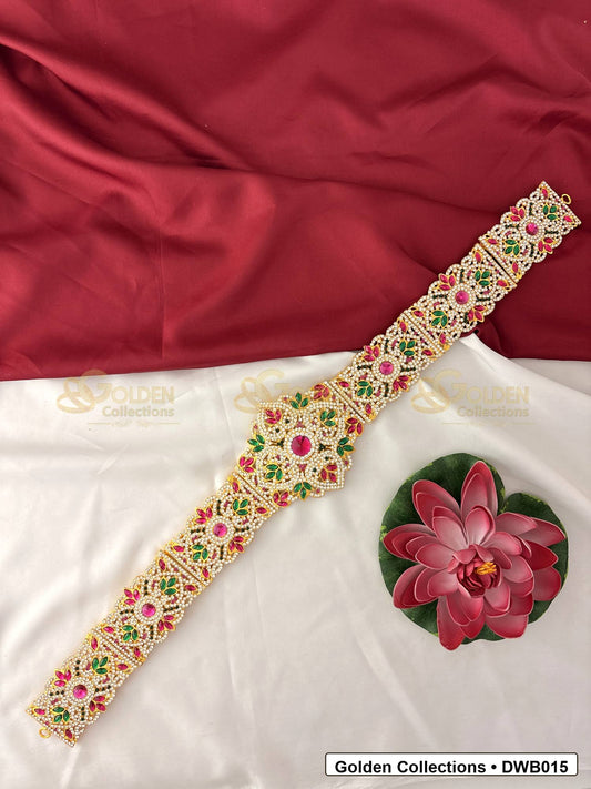 Front view of Long Gold Tone Deity Waist Belt Vaddanam for Idols showing gold-plated vaddanam-style waist belt design with stone detailing