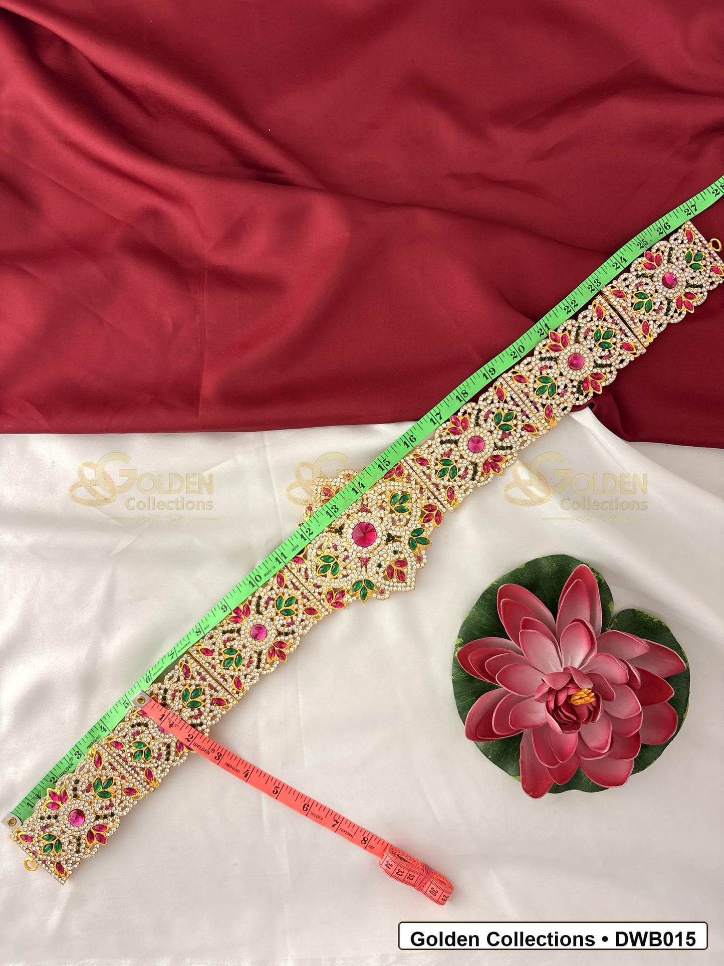 Measurement and scale view of Long Gold Tone Deity Waist Belt Vaddanam for Idols for fit checking