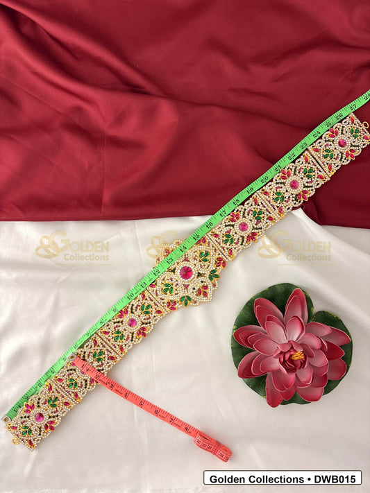 Measurement and scale view of Long Gold Tone Deity Waist Belt Vaddanam for Idols for fit checking