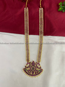 Real Kemp Pearl Long Haram for Bharatanatyam and Kuchipudi BBN013 with red-green kemp stones with pearl accents