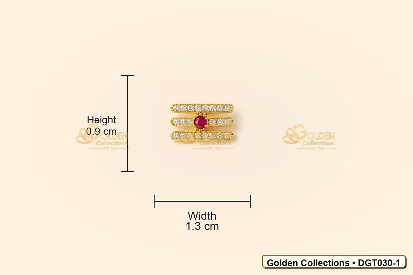 Measurement view showing height 0.9 cm and width 1.3 cm for Shiva Vibhuti Tripund Tilak with CZ Stones for Deity Idols DGT030-1 from Golden Collections