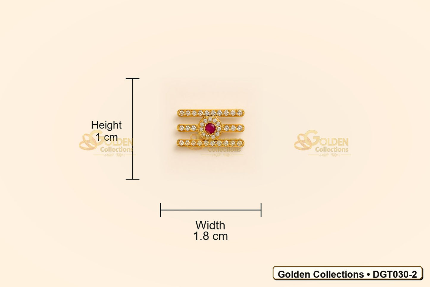 Measurement view showing height 1 cm and width 1.8 cm for Shiva Vibhuti Tripund Tilak with CZ Stones for Deity Idols DGT030-2 from Golden Collections