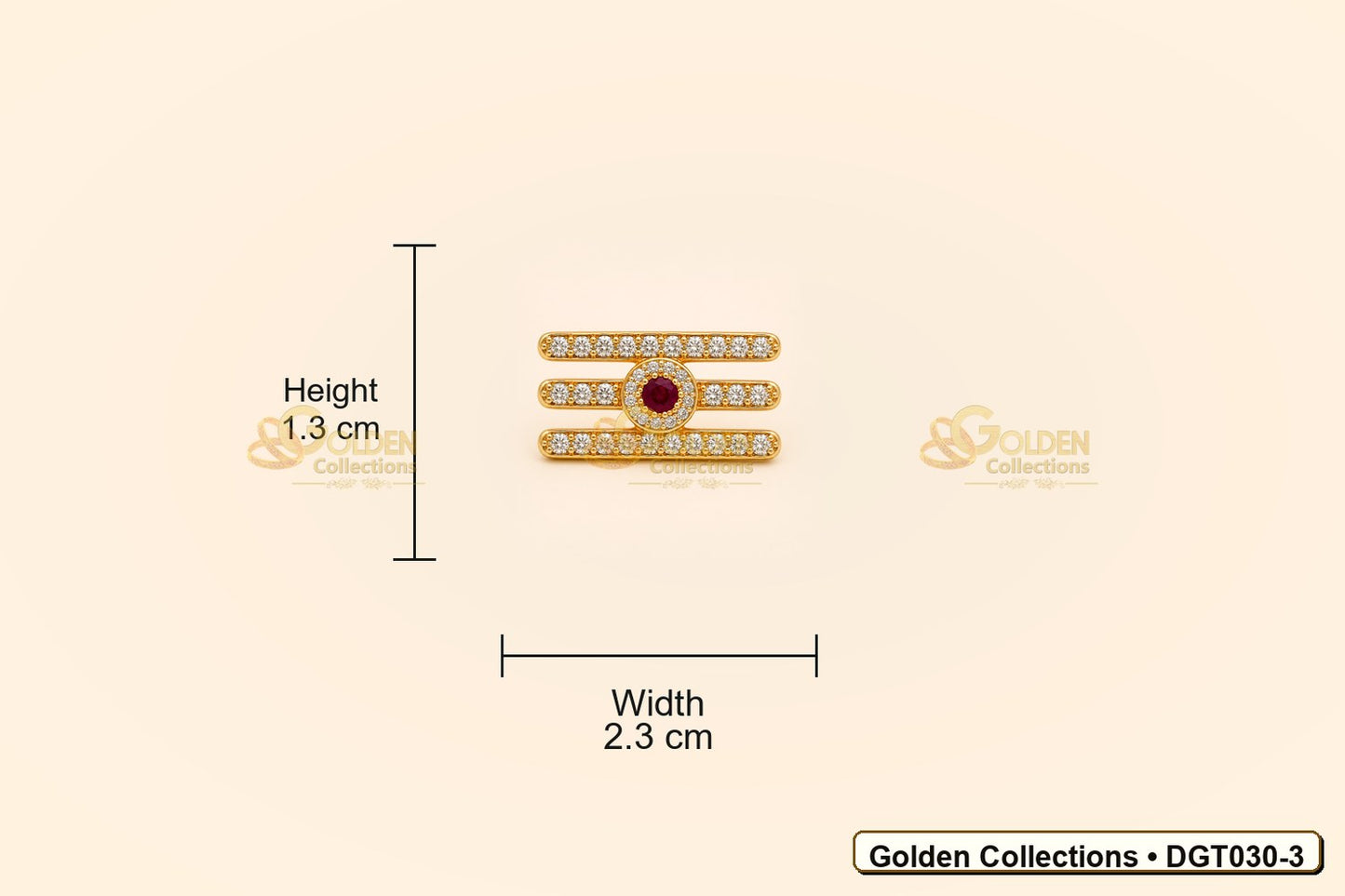 Measurement view showing height 1.3 cm and width 2.3 cm for Shiva Vibhuti Tripund Tilak with CZ Stones for Deity Idols DGT030-3 from Golden Collections