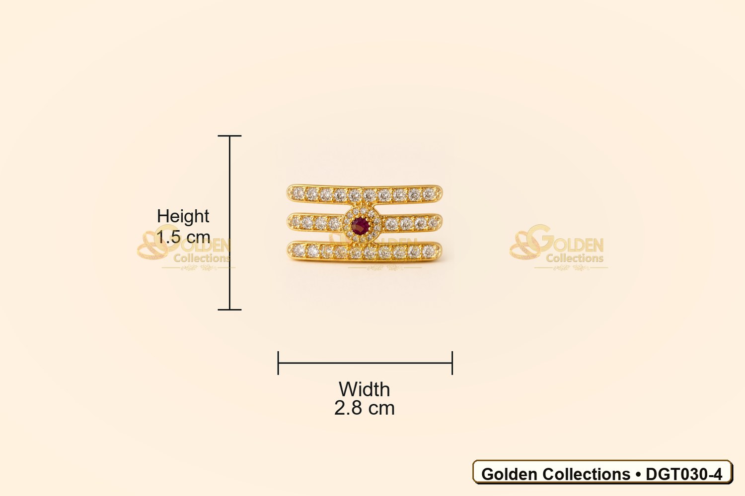 Measurement view showing height 1.5 cm and width 2.8 cm for Shiva Vibhuti Tripund Tilak with CZ Stones for Deity Idols DGT030-4 from Golden Collections