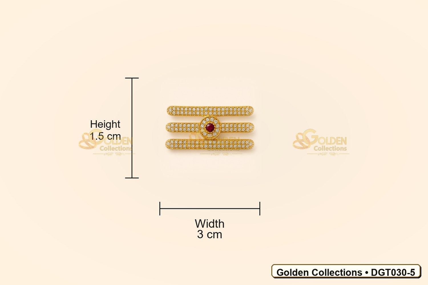 Measurement view showing height 1.5 cm and width 3 cm for Shiva Vibhuti Tripund Tilak with CZ Stones for Deity Idols DGT030-5 from Golden Collections