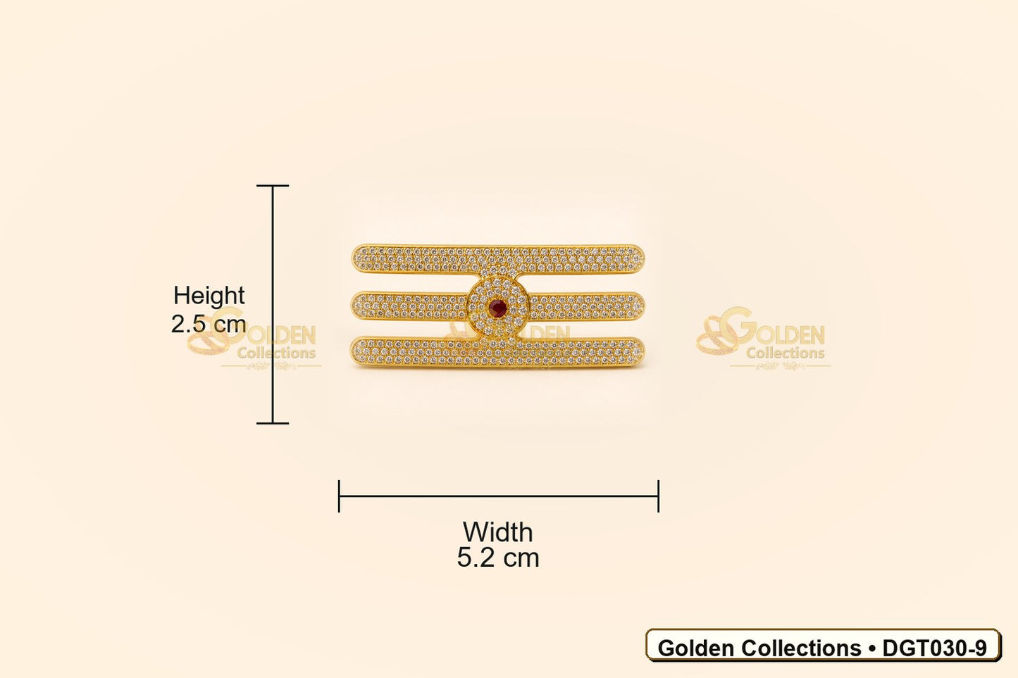Measurement view showing height 2.5 cm and width 5.2 cm for Shiva Vibhuti Tripund Tilak with CZ Stones for Deity Idols DGT030-9 from Golden Collections