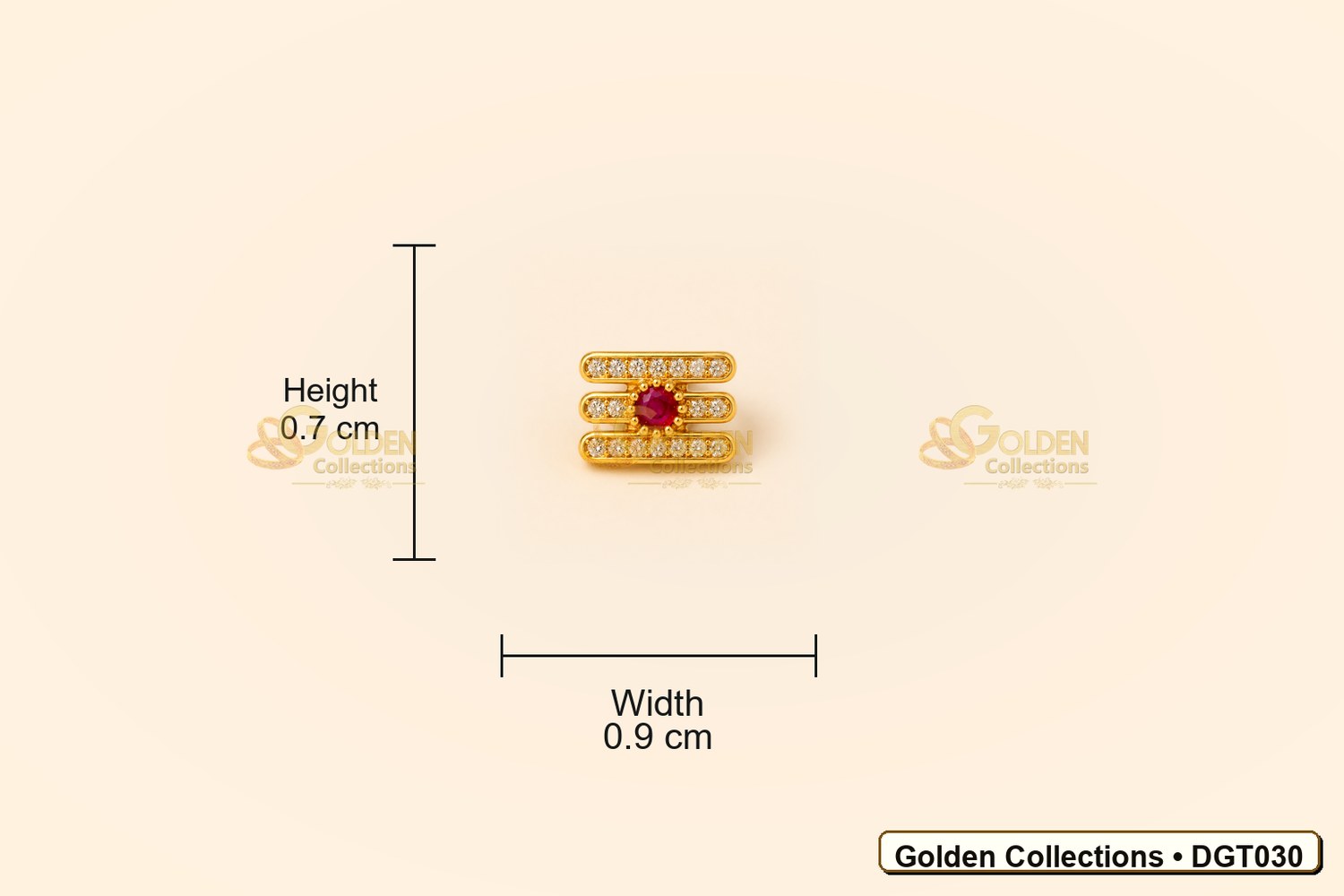 Measurement view showing height 0.7 cm and width 0.9 cm for Shiva Vibhuti Tripund Tilak with CZ Stones for Deity Idols DGT030 from Golden Collections