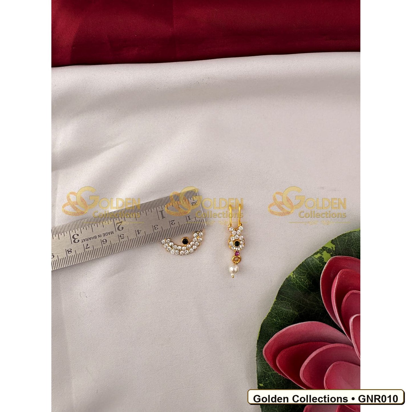 Measurement view of Stone Nathu Bullaku Nose Ring Set for Goddess Idols 1 Inches GNR010 from Golden Collections