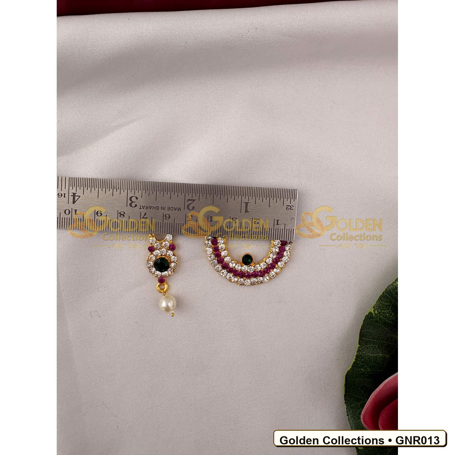Measurement view of Stone Nathu Bullaku Nose Ring Set for Goddess Idols 1.5 inches GNR013 from Golden Collections