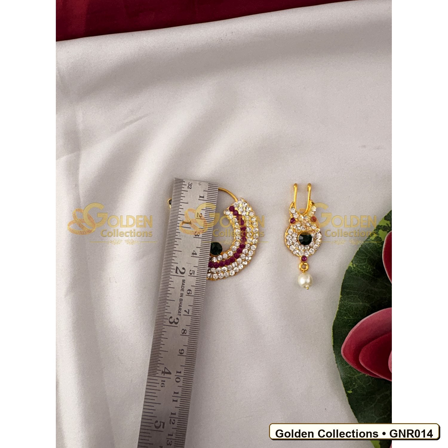 Measurement view of Stone Nathu Bullaku Nose Ring Set for Goddess Idols 2 inches GNR014 from Golden Collections