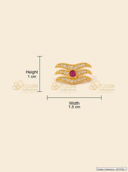 Measurement image showing height 1 cm and width 1.5 cm for wave Shiva Tripund tilak bindi with CZ-style stones for idol alankaram