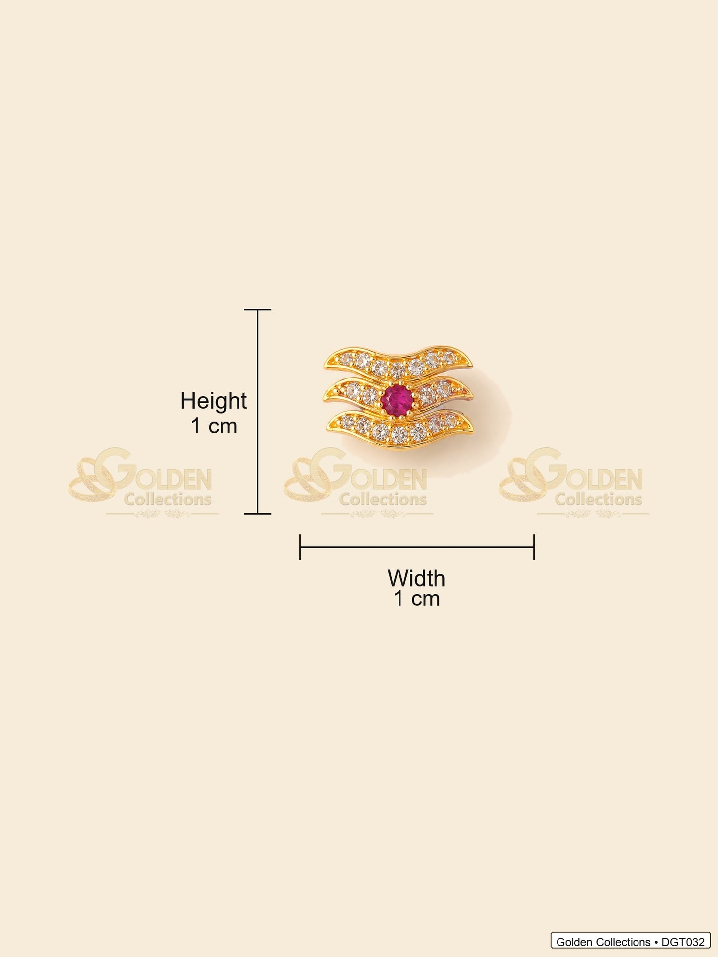 Measurement image showing height 1 cm and width 1 cm for wave Shiva Tripund tilak bindi with CZ-style stones for idol alankaram