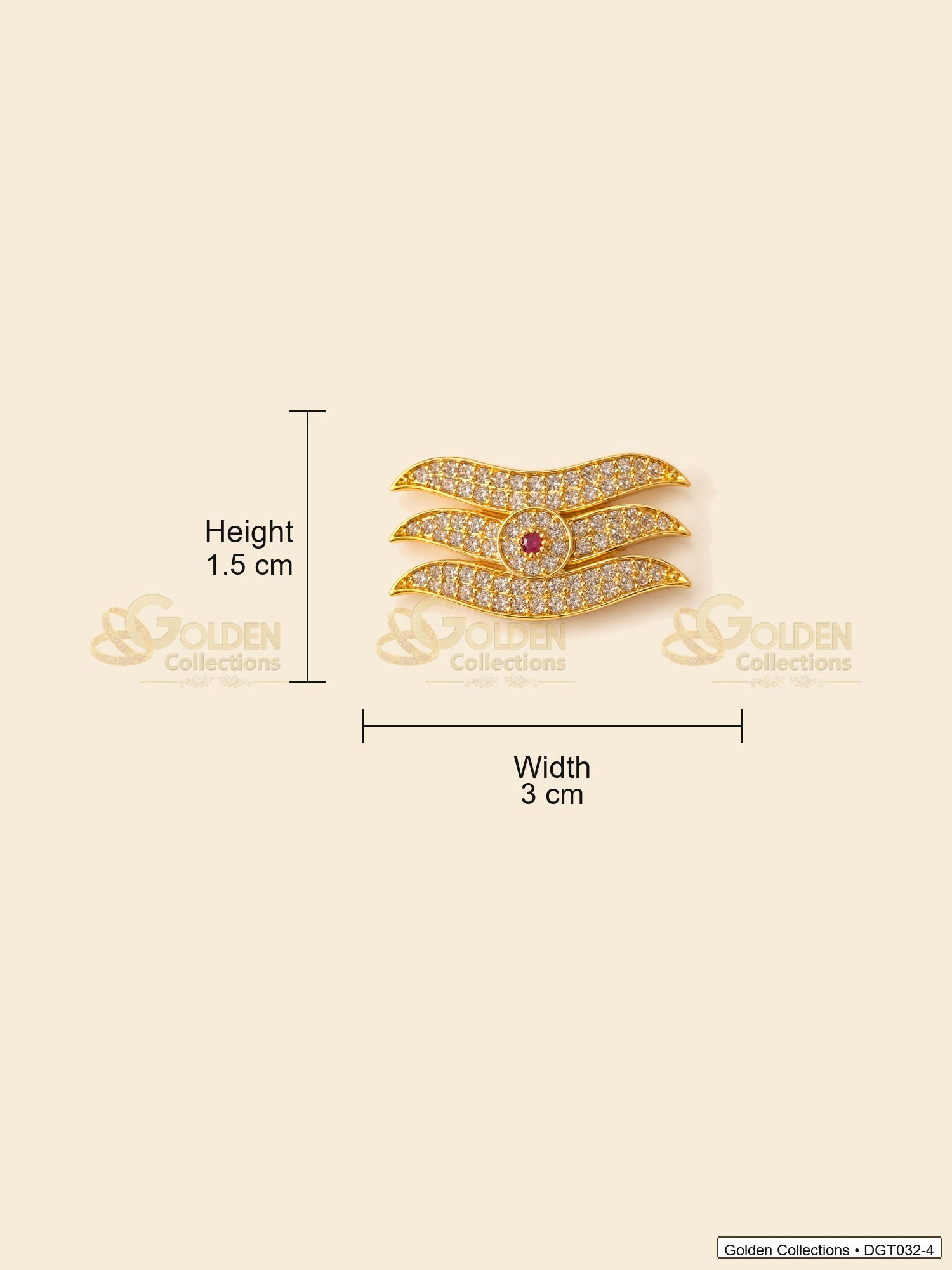 Measurement image showing height 1.5 cm and width 3 cm for wave Shiva Tripund tilak bindi with CZ-style stones for idol alankaram