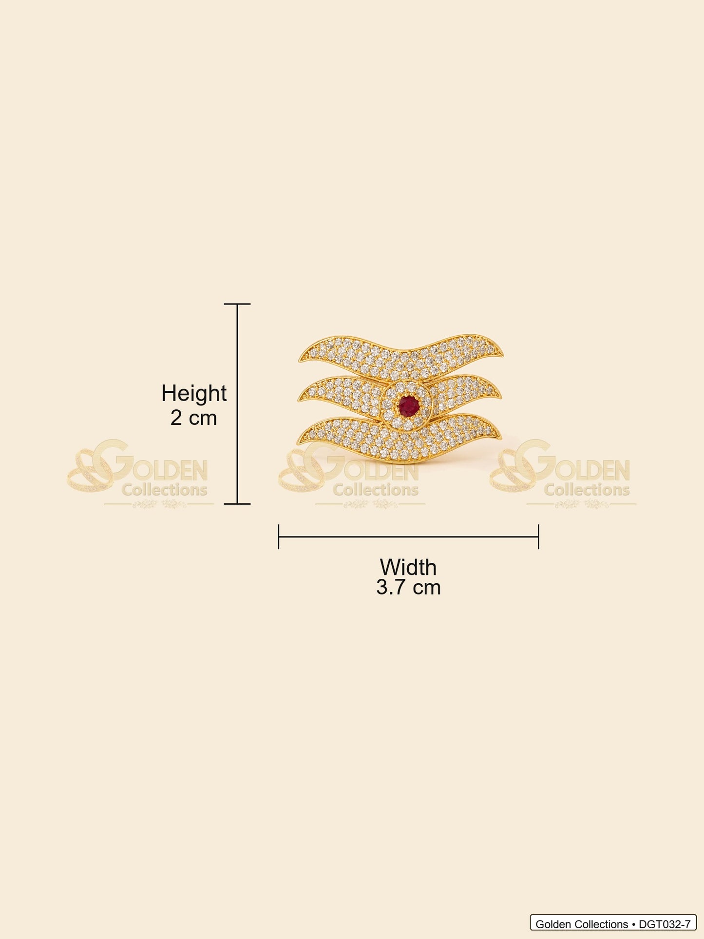 Measurement image showing height 2 cm and width 3.7 cm for wave Shiva Tripund tilak bindi with CZ-style stones for idol alankaram