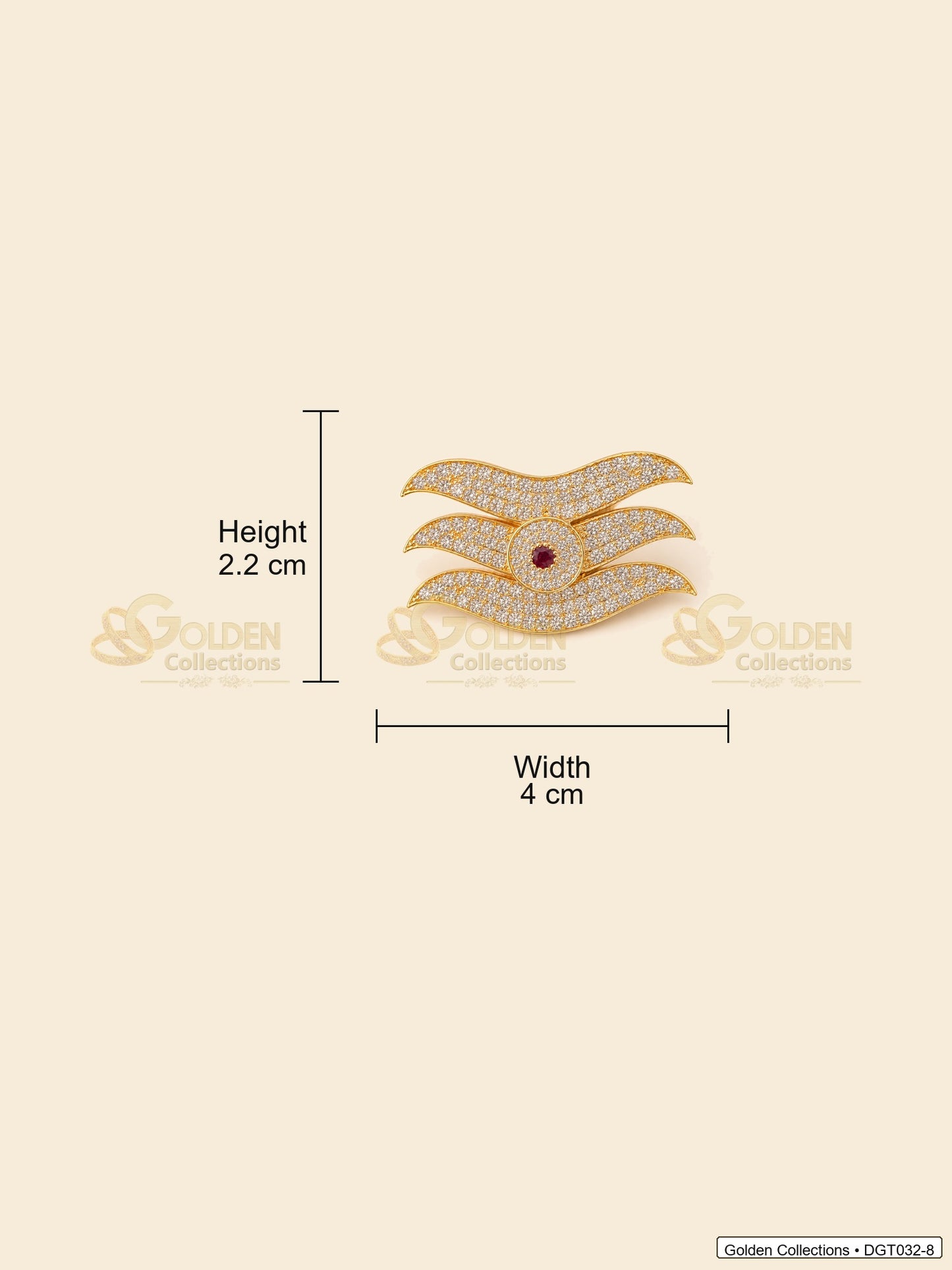Measurement image showing height 2.2 cm and width 4 cm for wave Shiva Tripund tilak bindi with CZ-style stones for idol alankaram