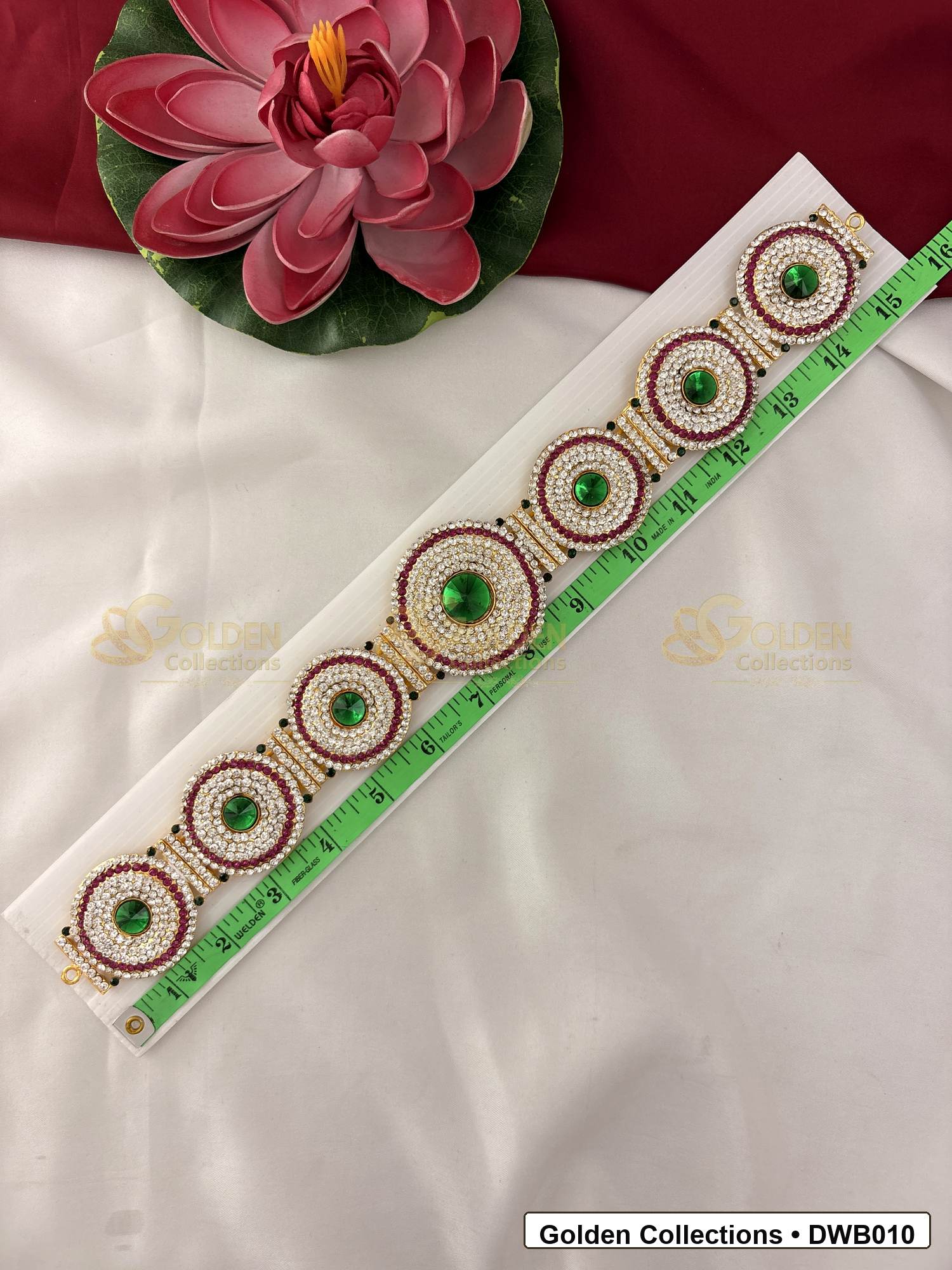 Front view of Medium Deity Waist Belt Vaddanam for Idols showing gold-plated vaddanam-style waist belt design with stone detailing