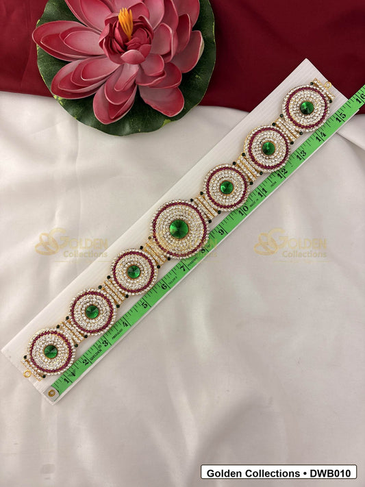Front view of Medium Deity Waist Belt Vaddanam for Idols showing gold-plated vaddanam-style waist belt design with stone detailing