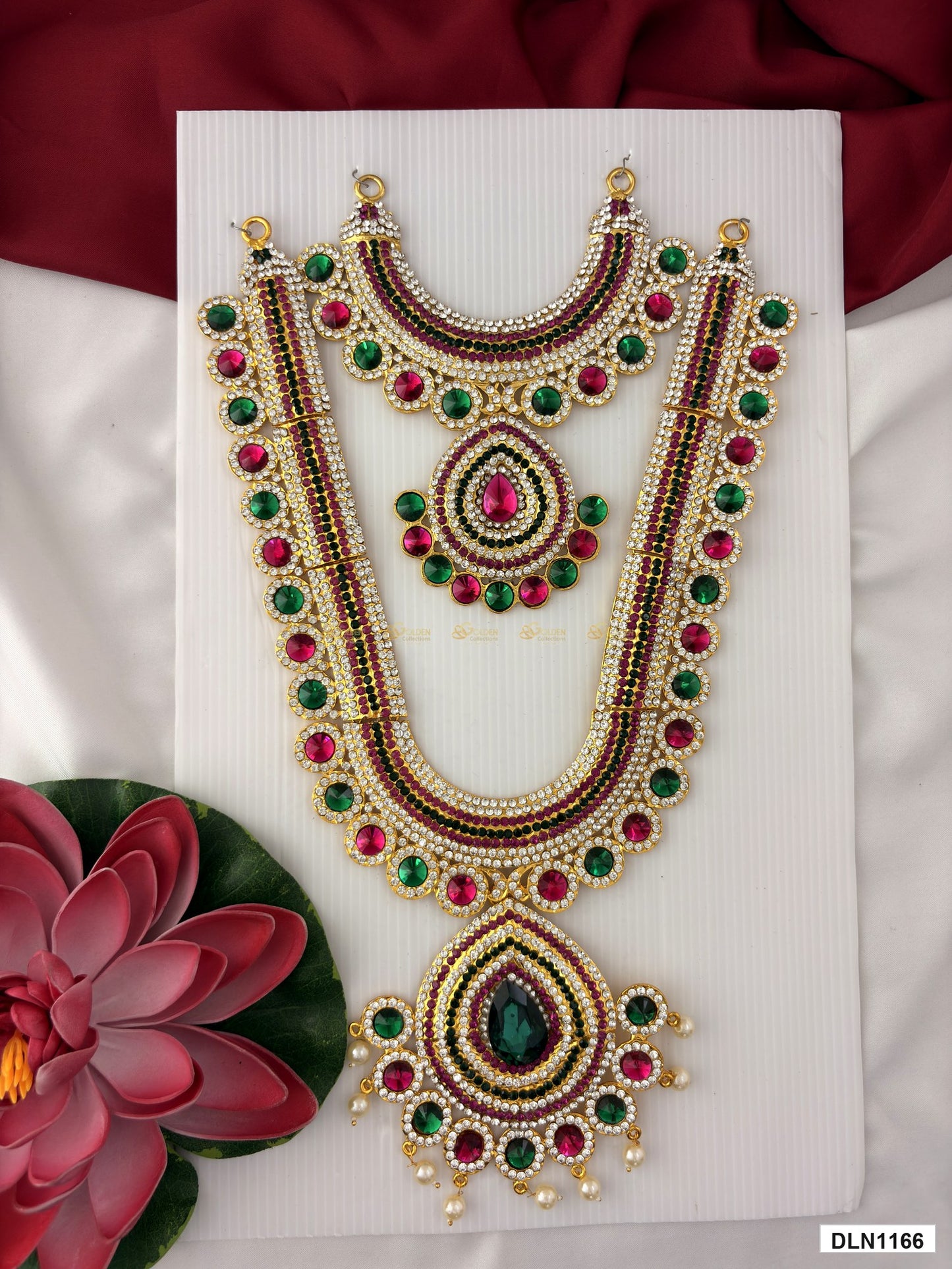 deity long haram full product view with gold plating and multicolor stones for idol alankaram