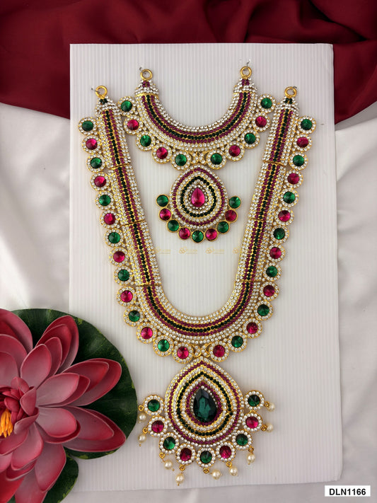 deity long haram full product view with gold plating and multicolor stones for idol alankaram