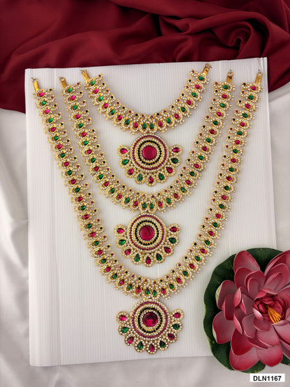 deity long haram full product view with gold plating and multicolor stones for idol alankaram