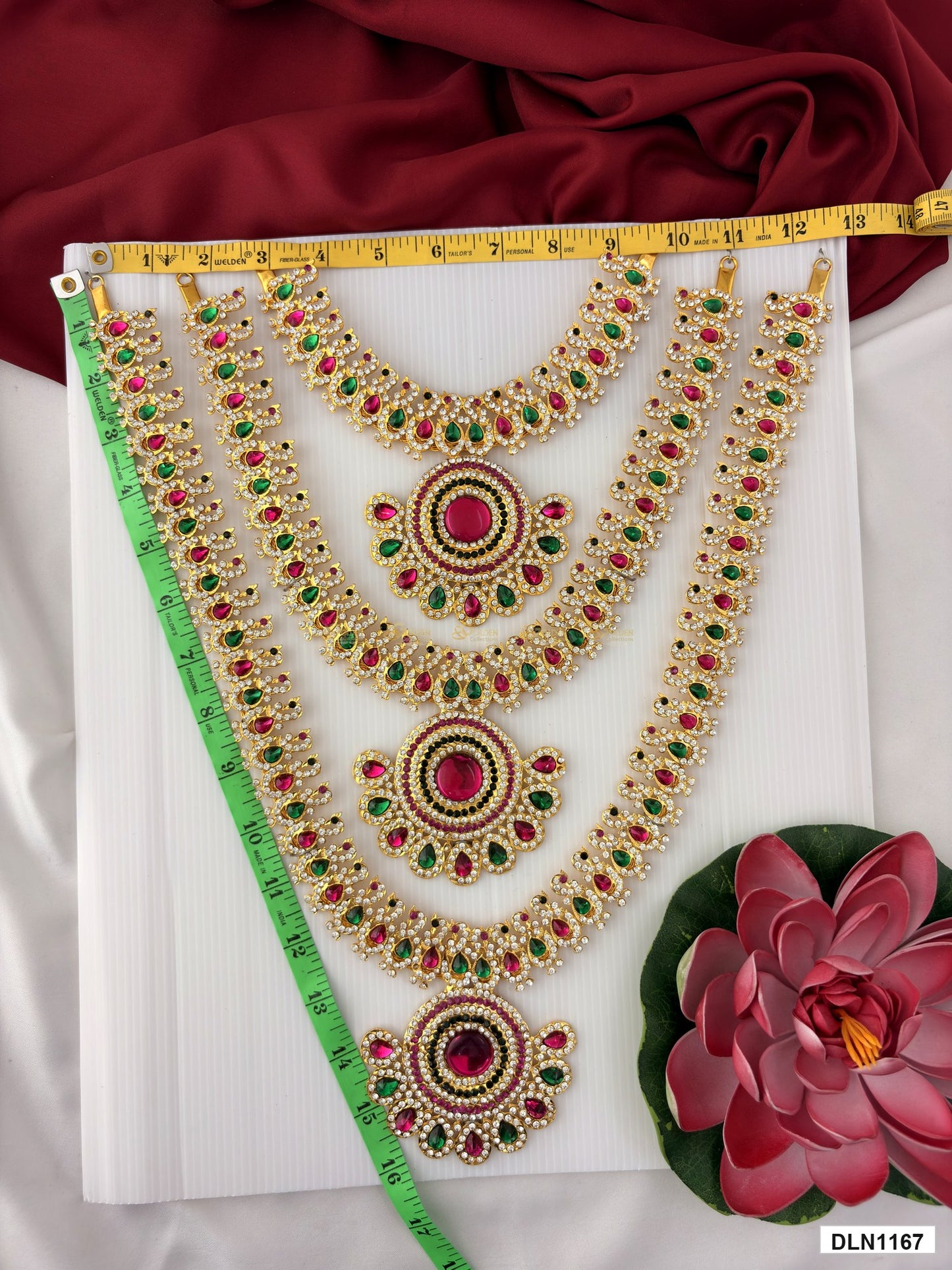 Measurement photo showing 16 x 12 Inches deity long haram with measuring tape for idol alankaram