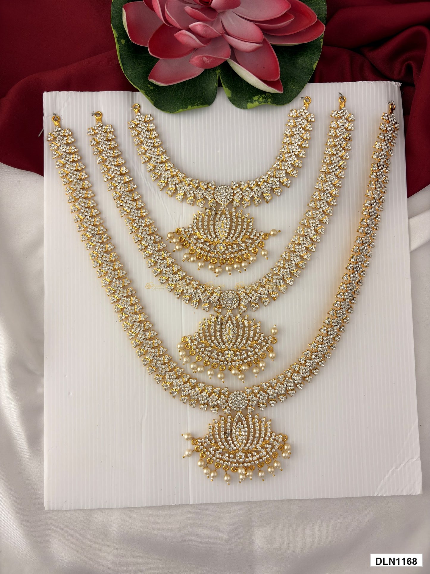 deity long haram full product view with gold plating and multicolor stones for idol alankaram