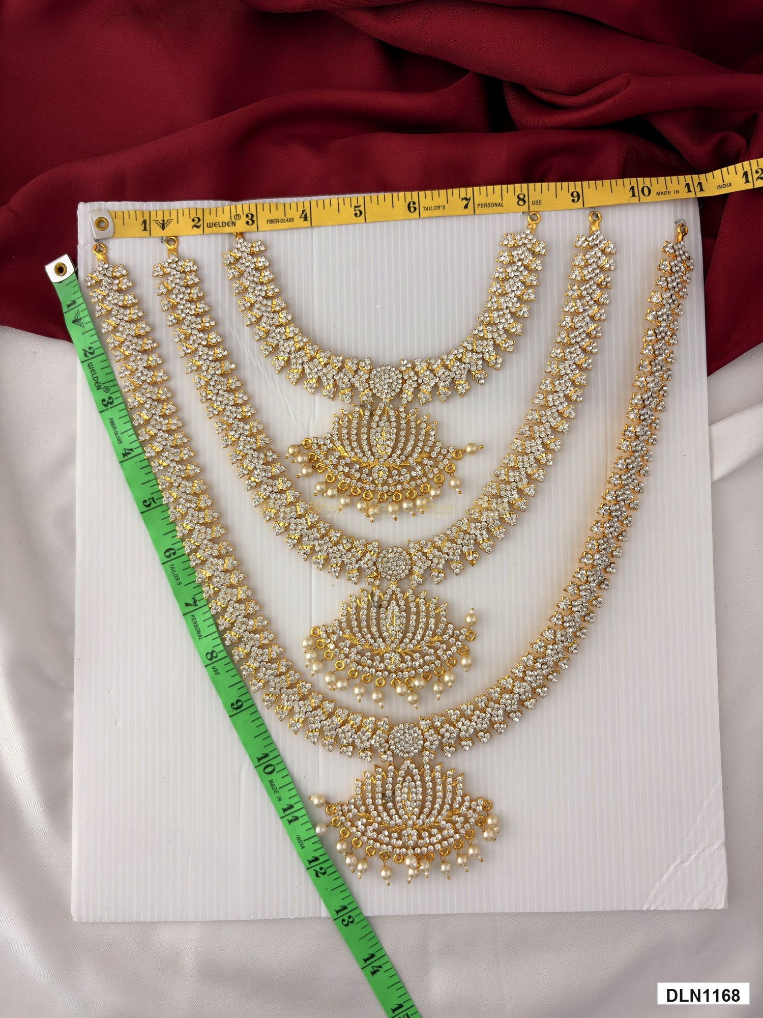 Measurement photo showing 13 x 11 Inches deity long haram with measuring tape for idol alankaram
